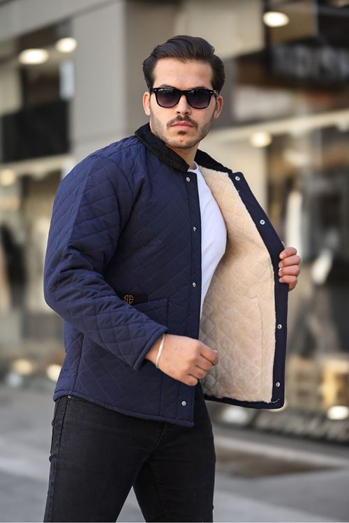 Erkek Lacivert Kapitone İçi Kürklü Çıt Çıt Kapamalı Kadife Yakalı Ceket