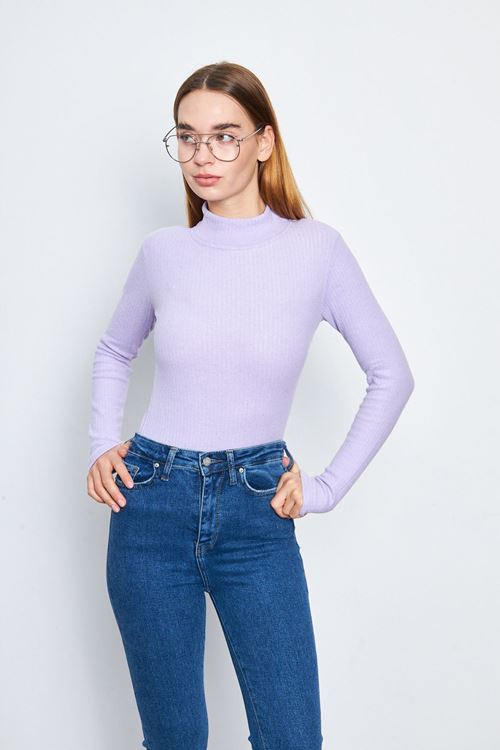 Kadın Lila Yarım Balıkçı Yaka İnterlok Uzun Kollu Slim Bluz
