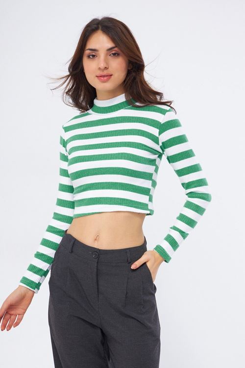 Kadın Yeşil Yarım Balıkçı Yaka Çizgili Uzun Kollu Crop Bluz
