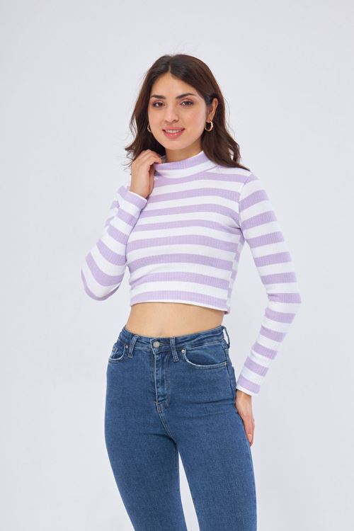 Kadın Mor Yarım Balıkçı Yaka Çizgili Uzun Kollu Crop Bluz