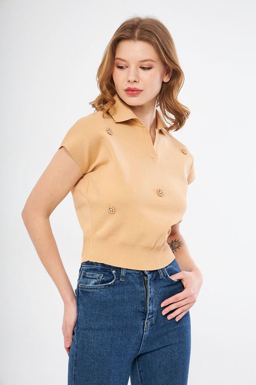 Kadın Camel Polo Yaka Taş Detaylı Mevsimlik Triko Bluz