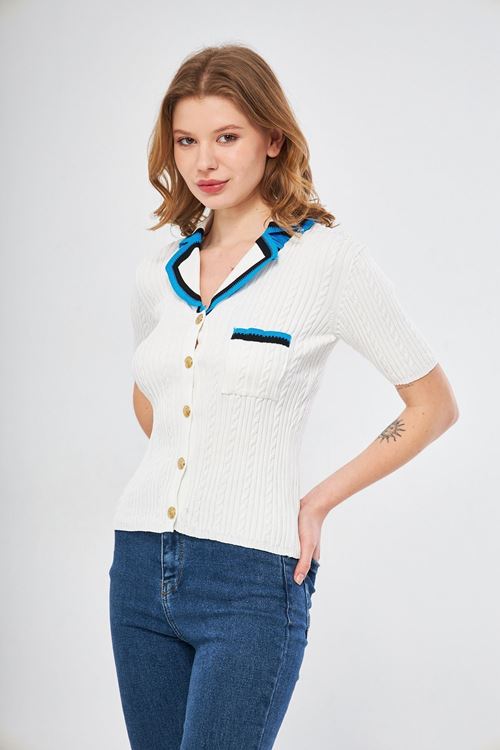 Kadın Beyaz Triko Kısa Kol Düğmeli Yakalı Bluz