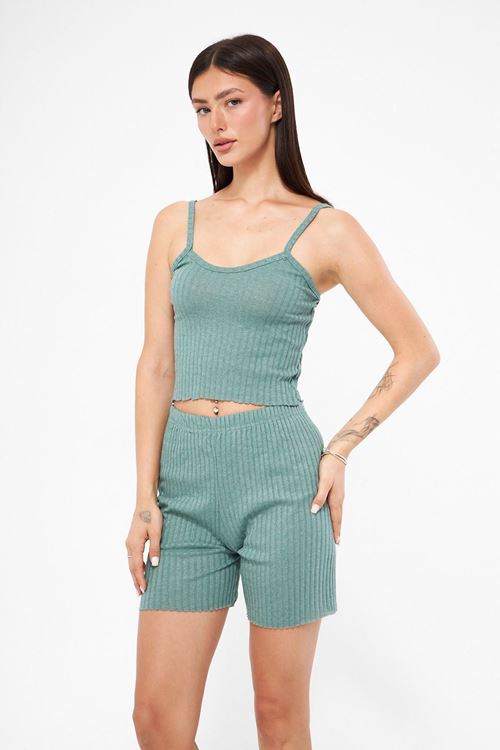 Kadın Su Yeşili İkili İp Askılı Oyga Fitilli Şort Takımı
