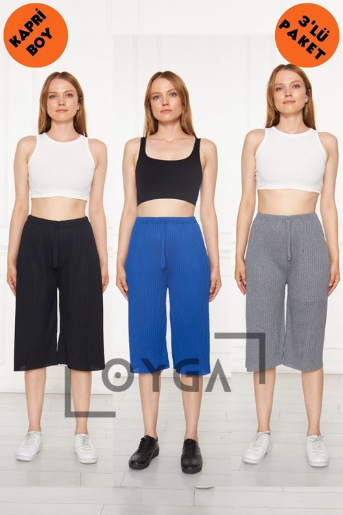 3'lü Siyah - Sax - Füme Kadın Fitilli Raporlu Pantolon & Eşofman, Gündelik Ev Giyim Pijama