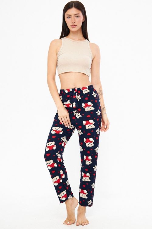 Kadın Lacivert Ayıcık Desenli Pamuklu Süet Kadife Kumaş Pijama Altı