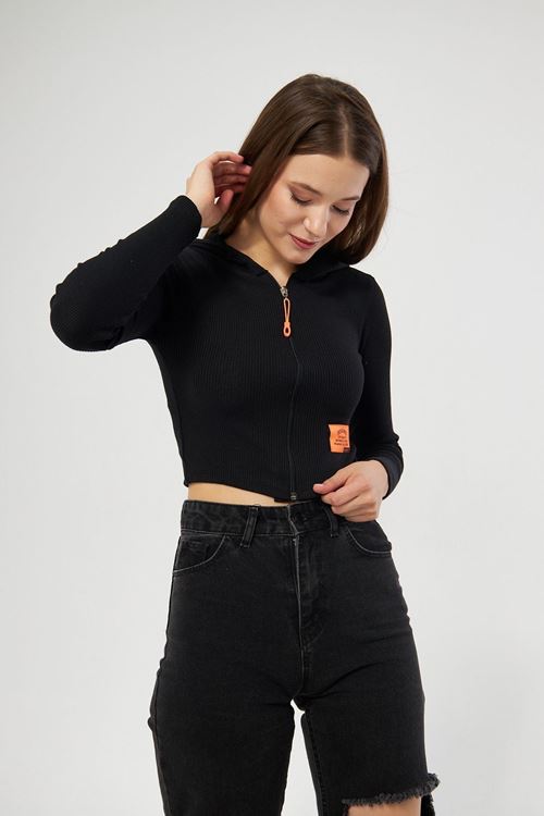 Kadın Siyah Kapüşonlu Fermuarlı Crop Bluz