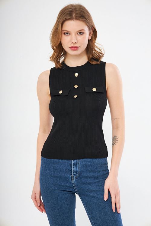 Kadın Siyah Gold Düğme Detaylı Bisiklet Yaka Kadın Likralı Triko Bluz