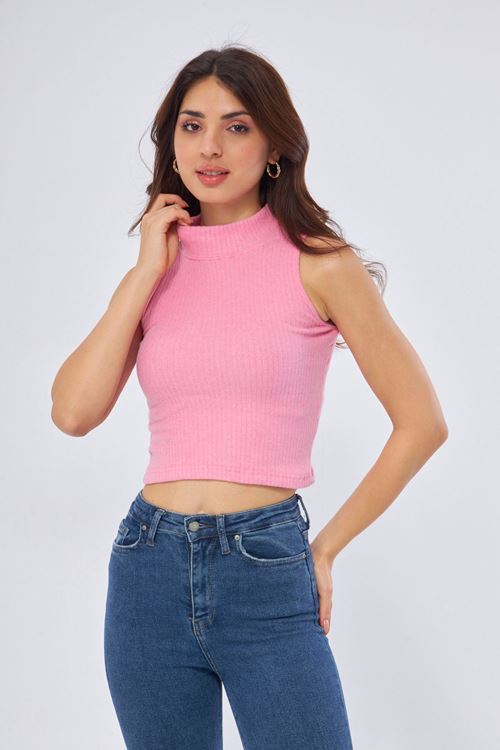 Kadın Pudra Yarım Balıkçı Yaka Kolsuz Fitilli Atlet Bluz