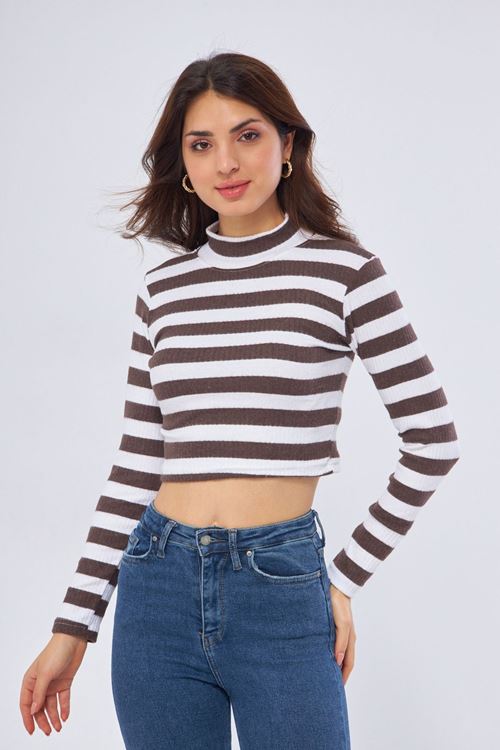 Kadın Kahve Yarım Balıkçı Yaka Çizgili Uzun Kollu Crop Bluz