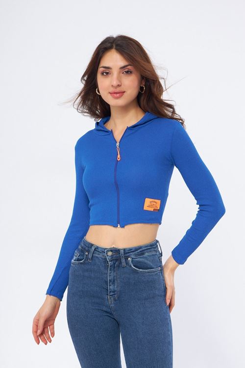 Kadın Sax Kapüşonlu Fermuarlı Crop Bluz