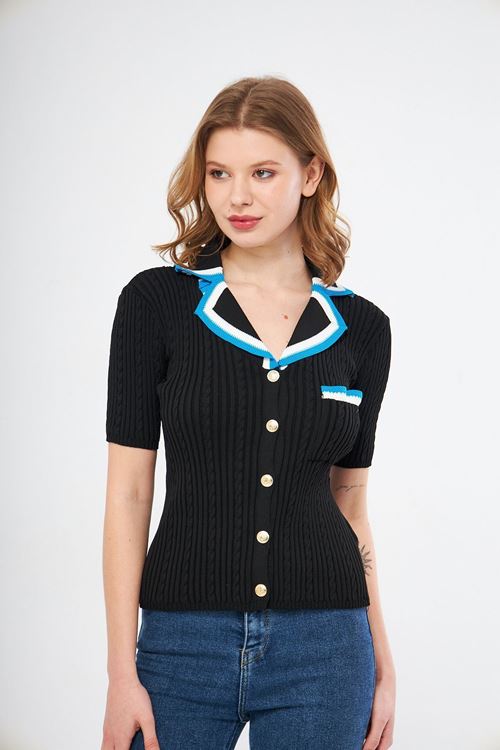 Kadın Siyah Triko Kısa Kol Düğmeli Yakalı Bluz