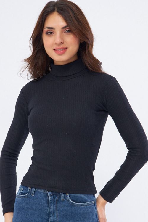 Kadın Siyah Balıkçı Yaka Uzun Kollu Slim Body