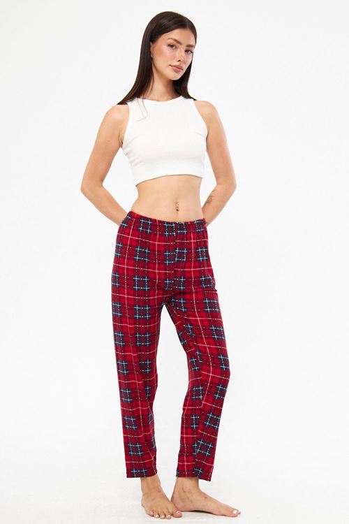 Kadın Bordo Ekose Desenli Pamuklu Süet Kadife Kumaş Pijama Altı