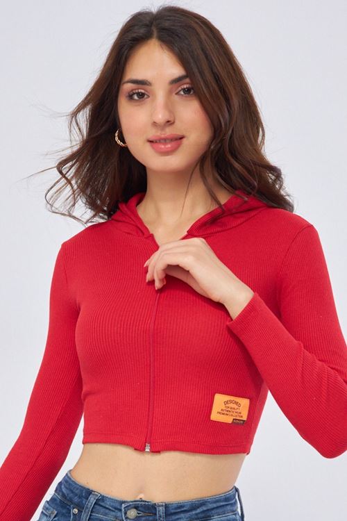 Kadın Kırmızı Kapüşonlu Fermuarlı Crop Bluz