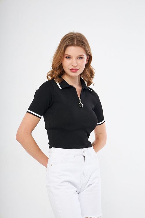 Kadın Siyah Yarım Fermuarlı Polo Yaka Şerit Detaylı Kadın Likralı Triko Bluz