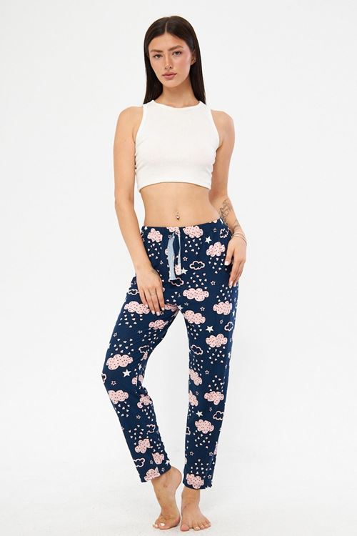 Kadın Pudra Bulut Desenli Pamuklu Süet Kadife Kumaş Pijama Altı