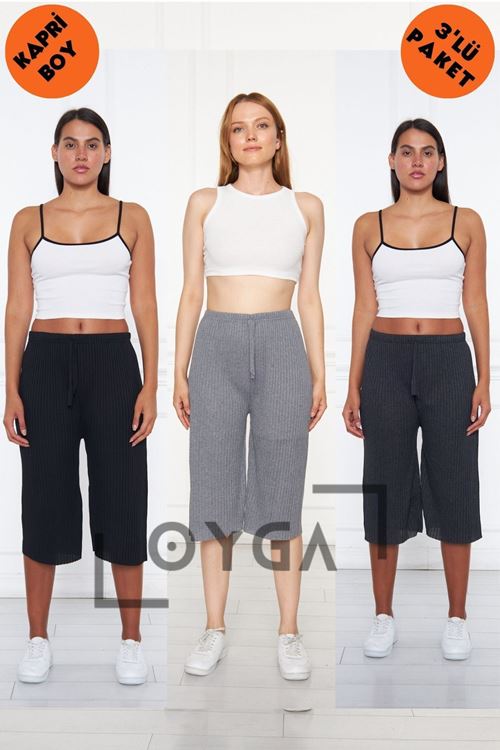 3'lü Siyah - Füme - Antrasit Kadın Fitilli Raporlu Pantolon & Eşofman, Gündelik Ev Giyim Pijama