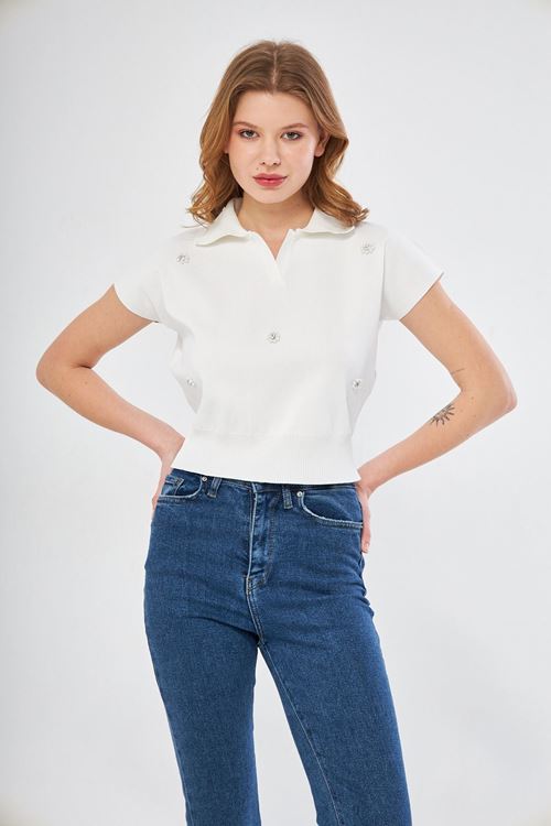 Kadın Beyaz Polo Yaka Taş Detaylı Mevsimlik Triko Bluz
