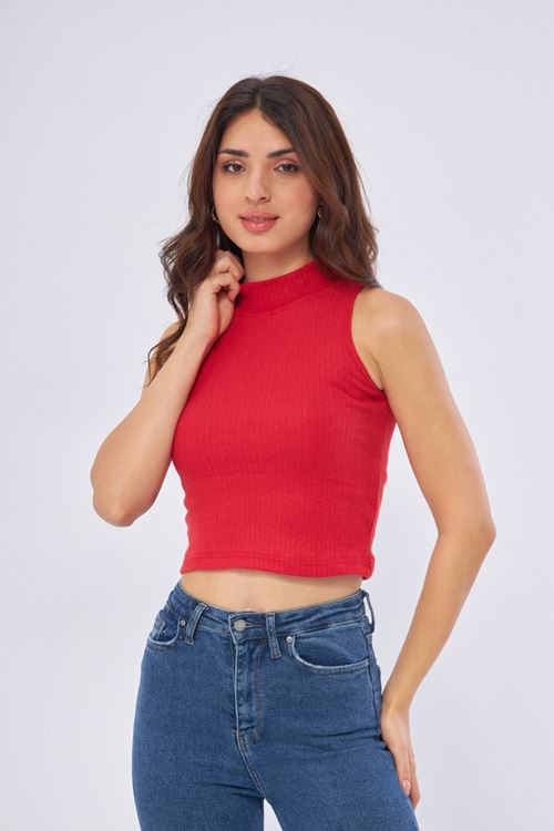 Kadın Kırmızı Yarım Balıkçı Yaka Kolsuz Fitilli Atlet Bluz