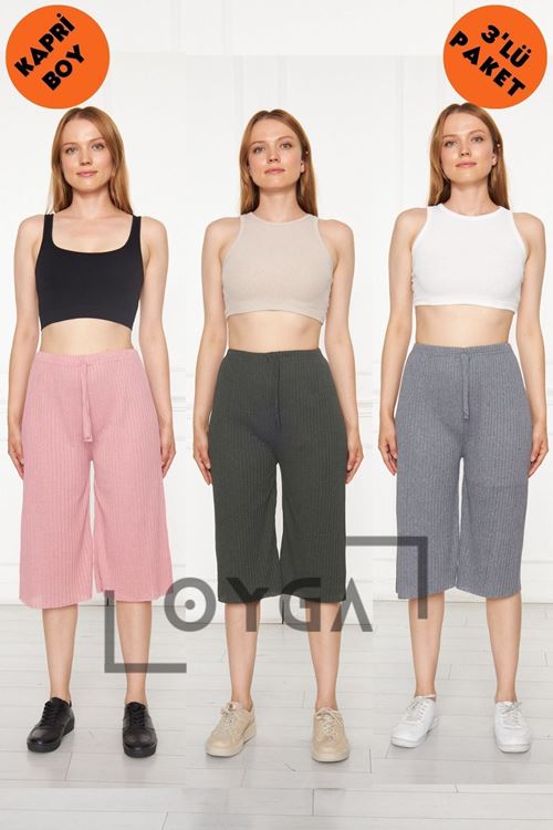 3'lü Camel - Sax - Füme Kadın Fitilli Rap & Eşofman, Gündelik Ev Giyim Pijamaorlu Pantolon