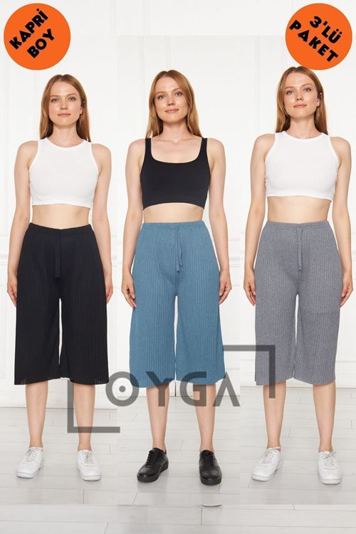 3'lü Camel - Sax - Füme Kadın Fitilli Rap & Eşofman, Gündelik Ev Giyim Pijamaorlu Pantolon