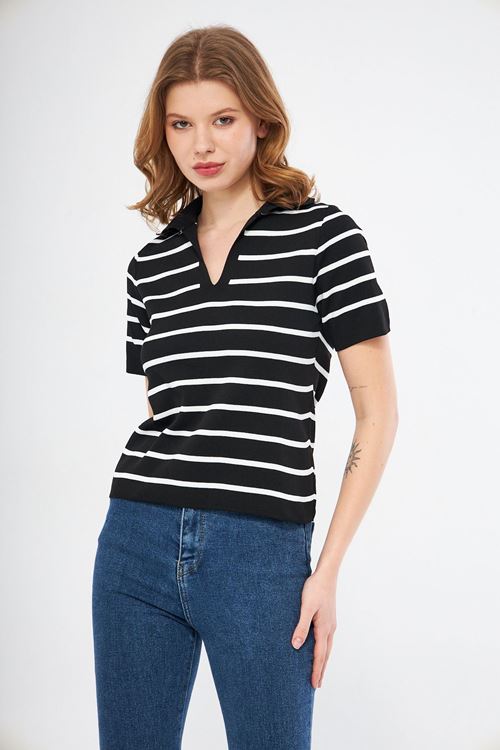 Kadın Siyah Gömlek Yaka Çizgili Triko Bluz