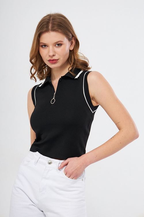 Kadın Siyah Polo Yaka Yarım Fermuarlı Likralı Kadın Triko Bluz