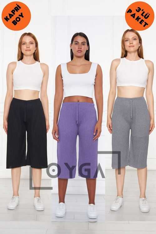 3'lü Siyah - Mor - Füme Kadın Fitilli Raporlu Pantolon & Eşofman, Gündelik Ev Giyim Pijama