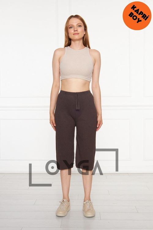 Kahve Kadın Fitilli Rap & Eşofman, Gündelik Ev Giyim Pijamaorlu Pantolon