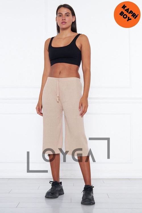 Kadın Krem Fitilli Raporlu Pantolon & Eşofman, Gündelik Ev Giyim Pijama