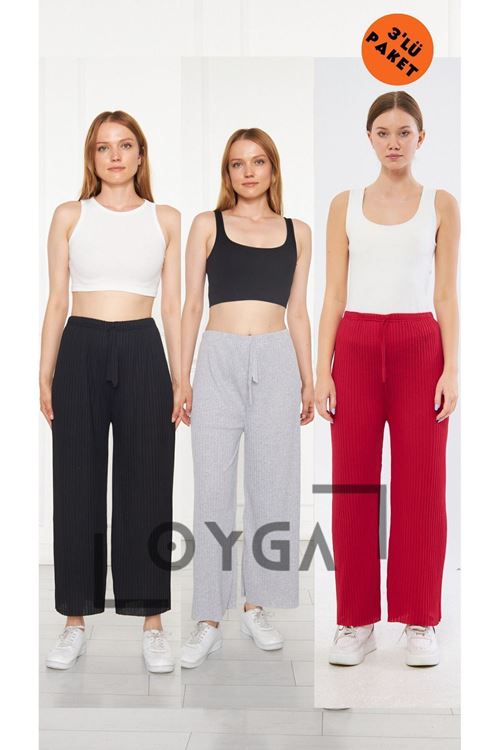 3'lü Siyah - Açık Gri - Kırmızı Kadın Fitilli RAPORLU Pantolon & Eşofman, Gündelik Ev Giyim
