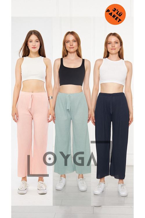 3'lü Somun - Su Yeşili - Lacivert Kadın Fitilli RAPORLU Pantolon & Eşofman, Gündelik Ev Giyim