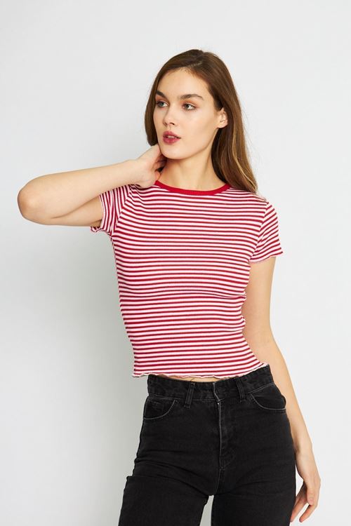 Kadın Kırmızı Kaşkorse Çizgili Bisiklet Yaka Crop Bluz