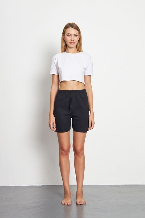 Siyah Kadın Fitilli Gündelik Rahat Giyim Şort Pijama Altı