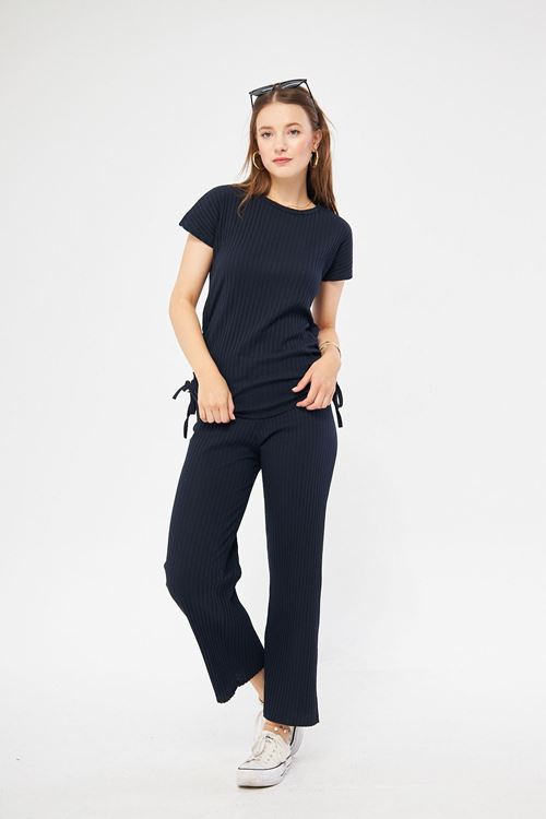 Kadın Rahat Lacivert Yanı Büzgülü Bluz Pantolon & Eşofman Takım