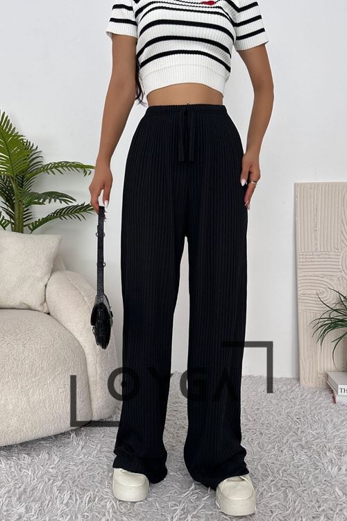 Siyah Kadın Fitilli Palazzo Rahat Giyim Pantolon