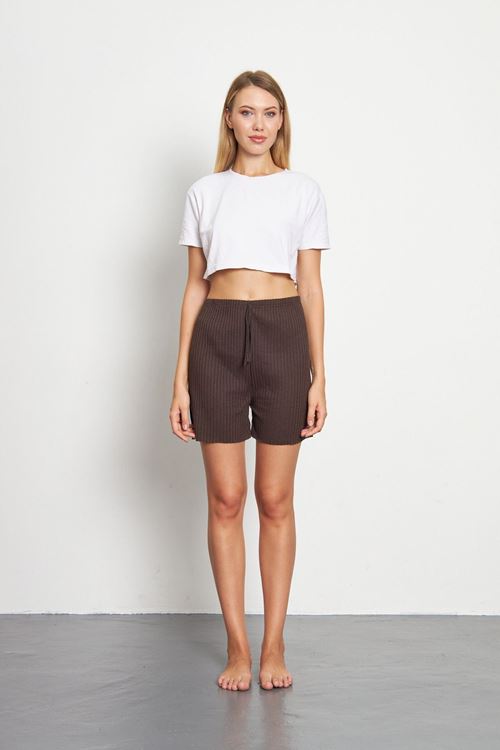 Kahve Kadın Fitilli Gündelik Rahat Giyim Şort Pijama Altı