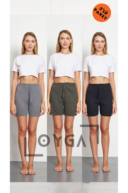 3'lü Füme - Haki - Siyah Kadın Fitilli Gündelik Rahat Giyim Şort Pijama Altı