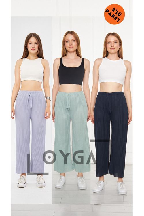 3'lü Krom - Su Yeşili - Lacivert Kadın Fitilli RAPORLU Pantolon & Eşofman, Gündelik Ev Giyim
