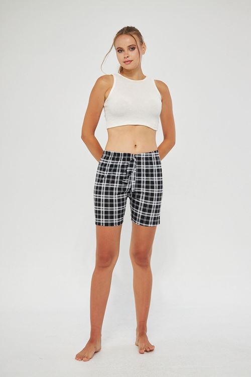 Siyah Kadın Ekose Desenli Mevsimlik Bel Lastikli Pijama Şort Gündelik Giyim