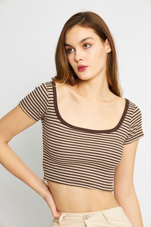 Kadın Kahve Kaşkorse Çizgili Kare Yaka Crop Bluz
