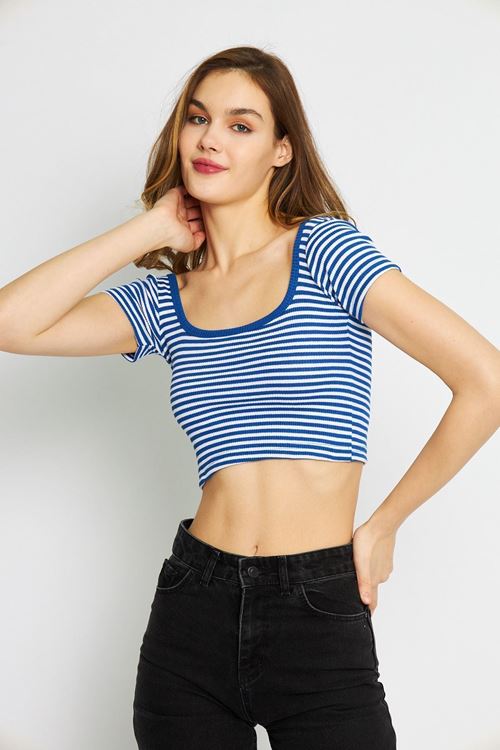 Kadın Sax Kaşkorse Çizgili Kare Yaka Crop Bluz