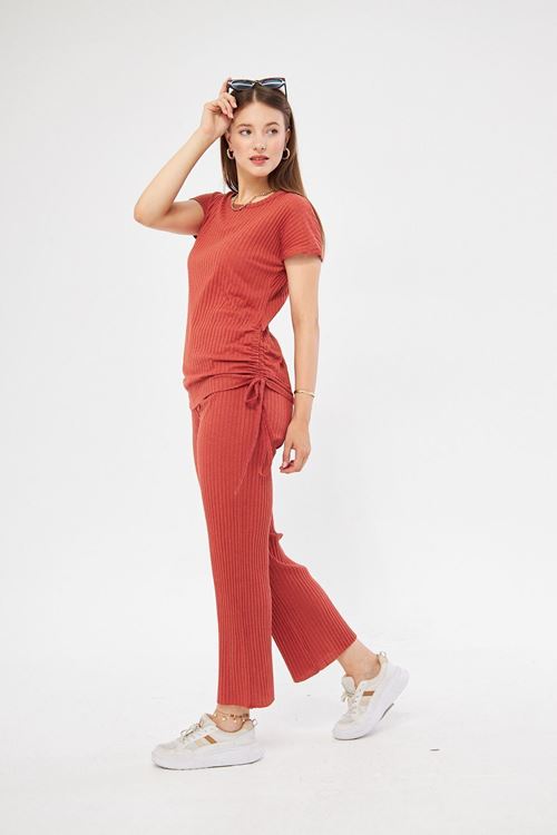 Kadın Rahat Kiremit Yanı Büzgülü Bluz Pantolon & Eşofman Takım