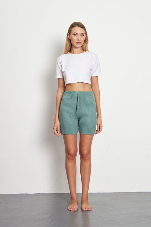 Su Yeşili Kadın Fitilli Gündelik Rahat Giyim Şort Pijama Altı