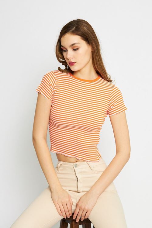 Kadın Turuncu Kaşkorse Çizgili Bisiklet Yaka Crop Bluz