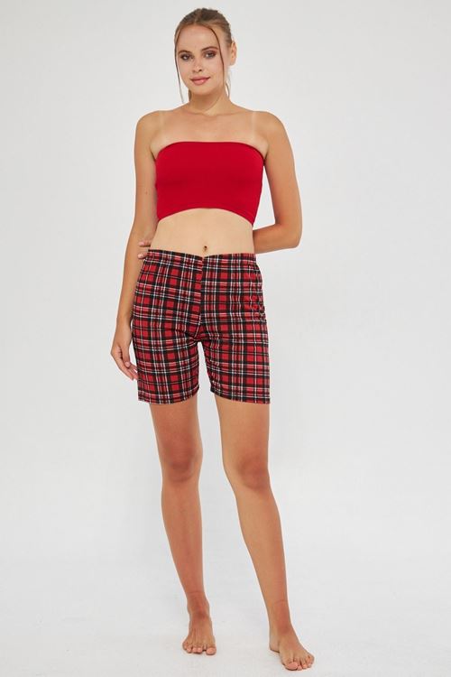 Kırmızı Kadın Ekose Desenli Mevsimlik Bel Lastikli Pijama Şort Gündelik Giyim