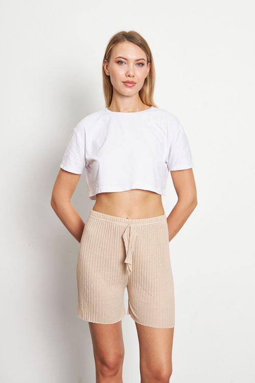 Krem Kadın Fitilli Gündelik Rahat Giyim Şort Pijama Altı