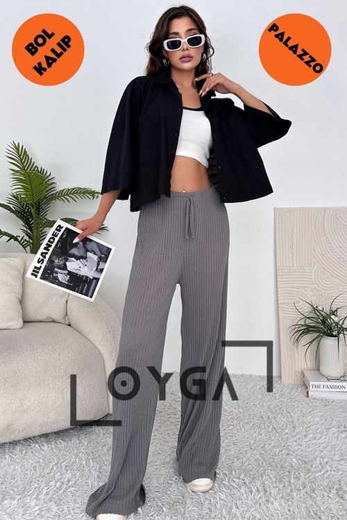 Füme Kadın Fitilli Palazzo Rahat Giyim Pantolon