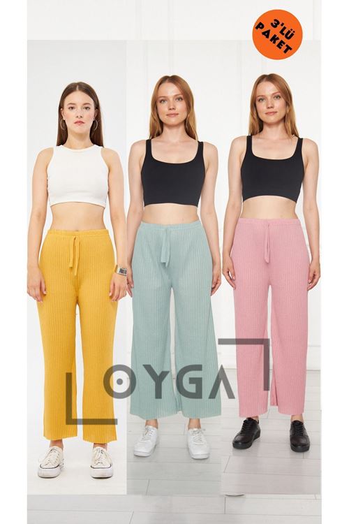 3'lü Sarı - Su Yeşili - Gül Kurusu Kadın Fitilli Raporlu Gündelik Ev Giyim Pijama