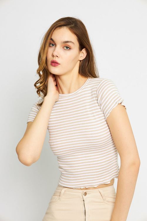 Kadın Taş Kaşkorse Çizgili Bisiklet Yaka Crop Bluz